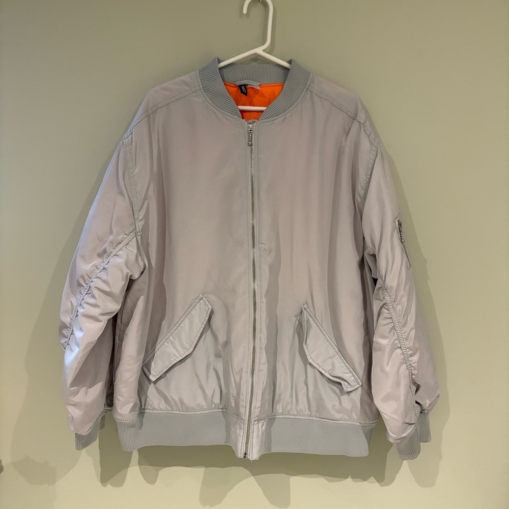 Divided Gray Bomber Jacket with Orange Interior